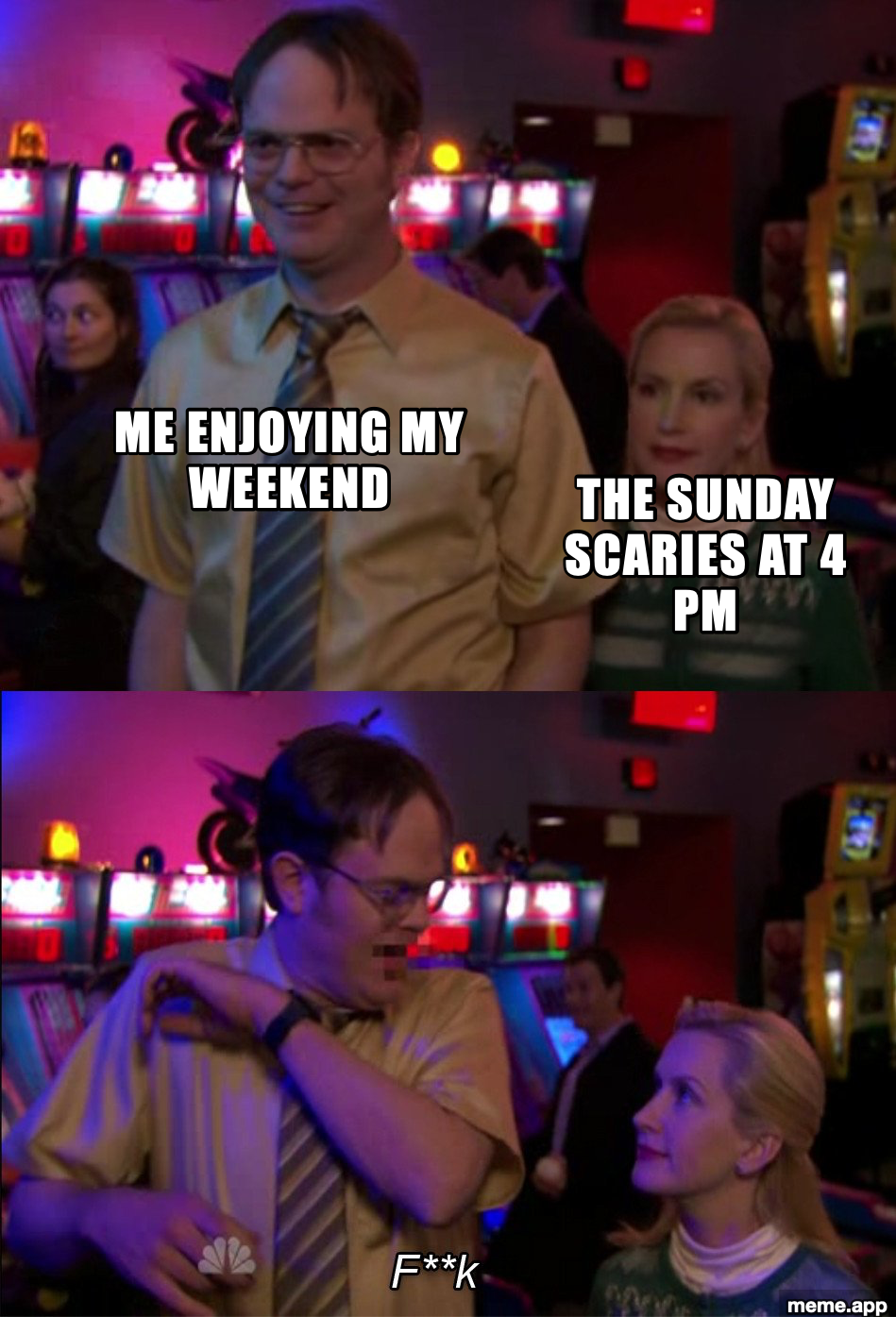 Angela scared Dwight meme: me enjoying my weekend vs Sunday scaries at 4pm