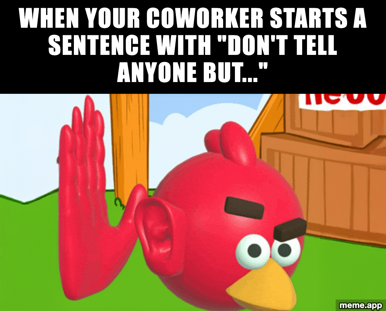 Angry Bird Ear meme listening to a coworker sharing gossip