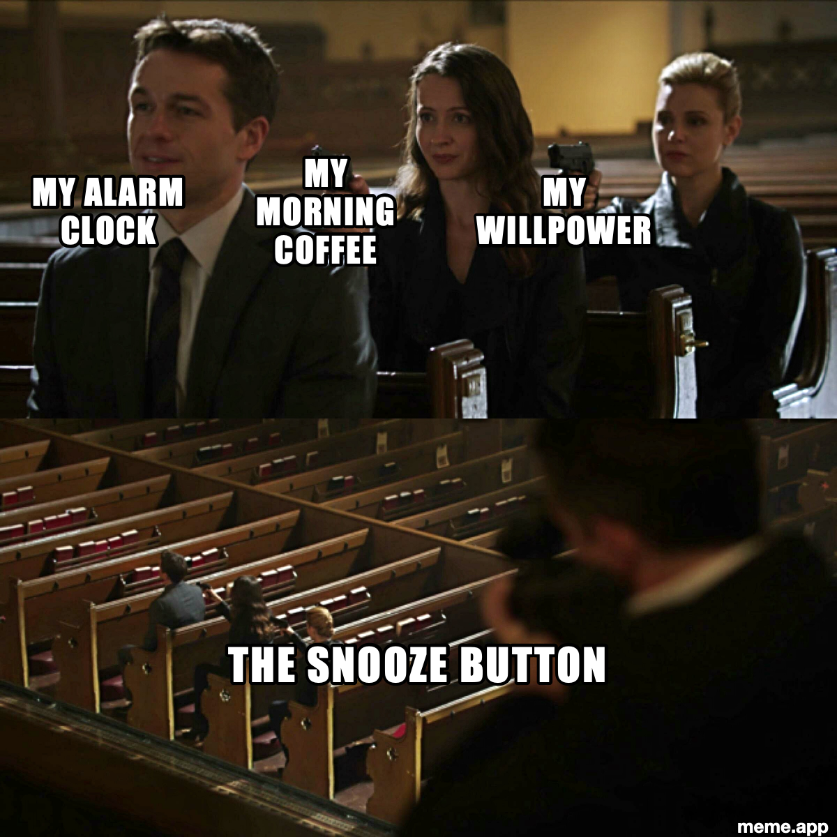 Assassination Chain meme: alarm clock, morning coffee, and willpower all threatening each other while the snooze button lurks in the background