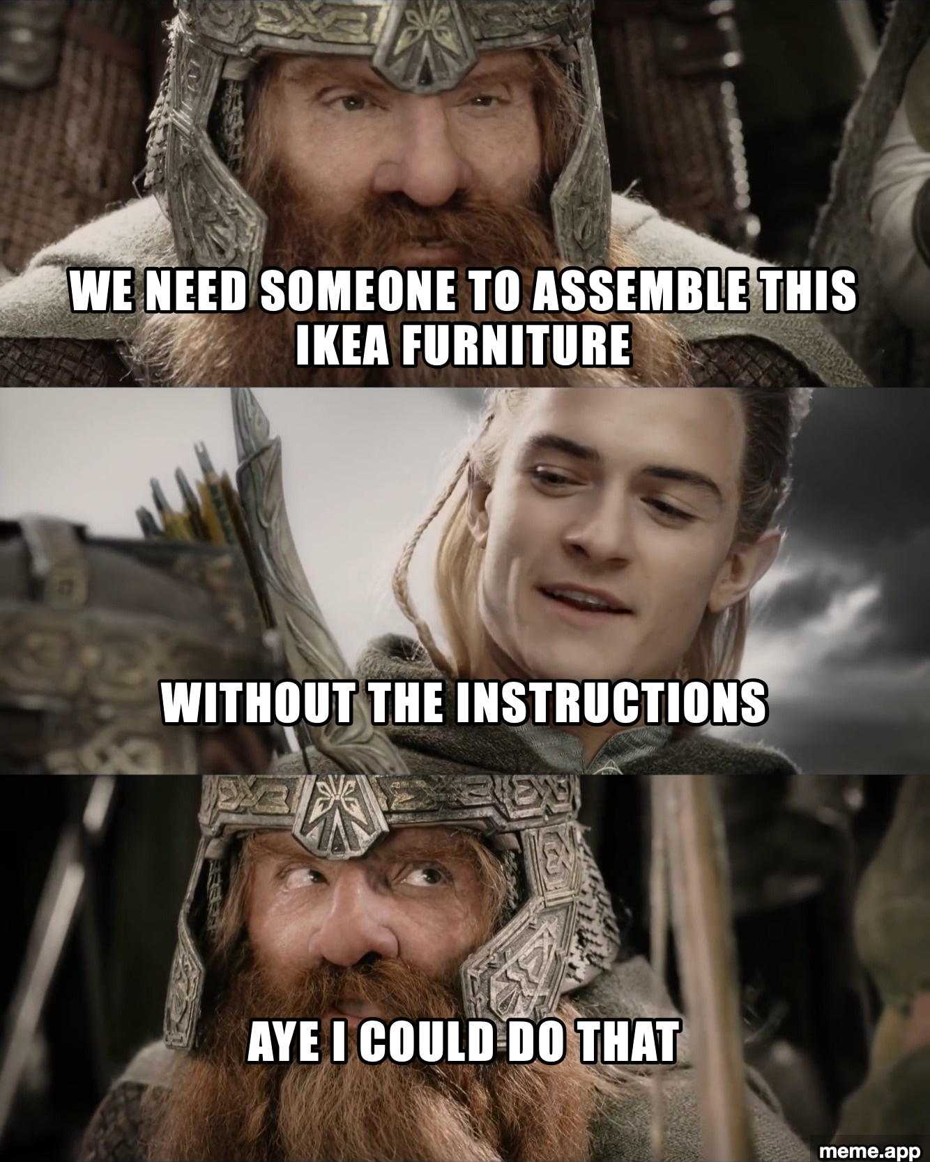 Three-panel LOTR meme with Gimli and Legolas. Captions read: WE NEED SOMEONE TO ASSEMBLE THIS IKEA FURNITURE / WITHOUT THE INSTRUCTIONS / AYE I COULD DO THAT