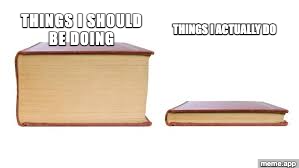 Big Book Small Book meme: thick book labeled "Things I should be doing" next to thin book labeled "Things I actually do"
