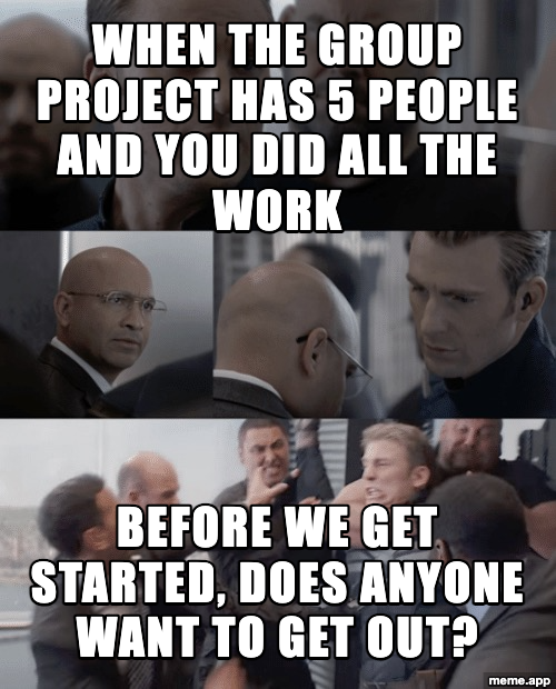 Captain America Elevator meme about doing all the work in a group project and confronting the team