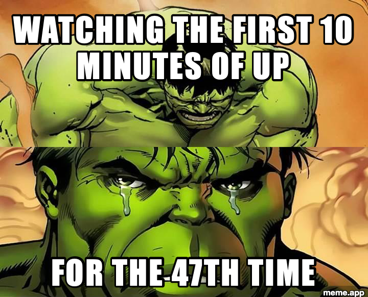Crying Hulk meme about watching the opening of Up for the 47th time and still crying