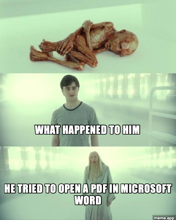 Three-panel Harry Potter King's Cross meme with grotesque Voldemort soul fragment on top, Harry Potter in middle, Dumbledore at bottom. Captions read: WHAT HAPPENED TO HIM / HE TRIED TO OPEN A PDF IN MICROSOFT WORD
