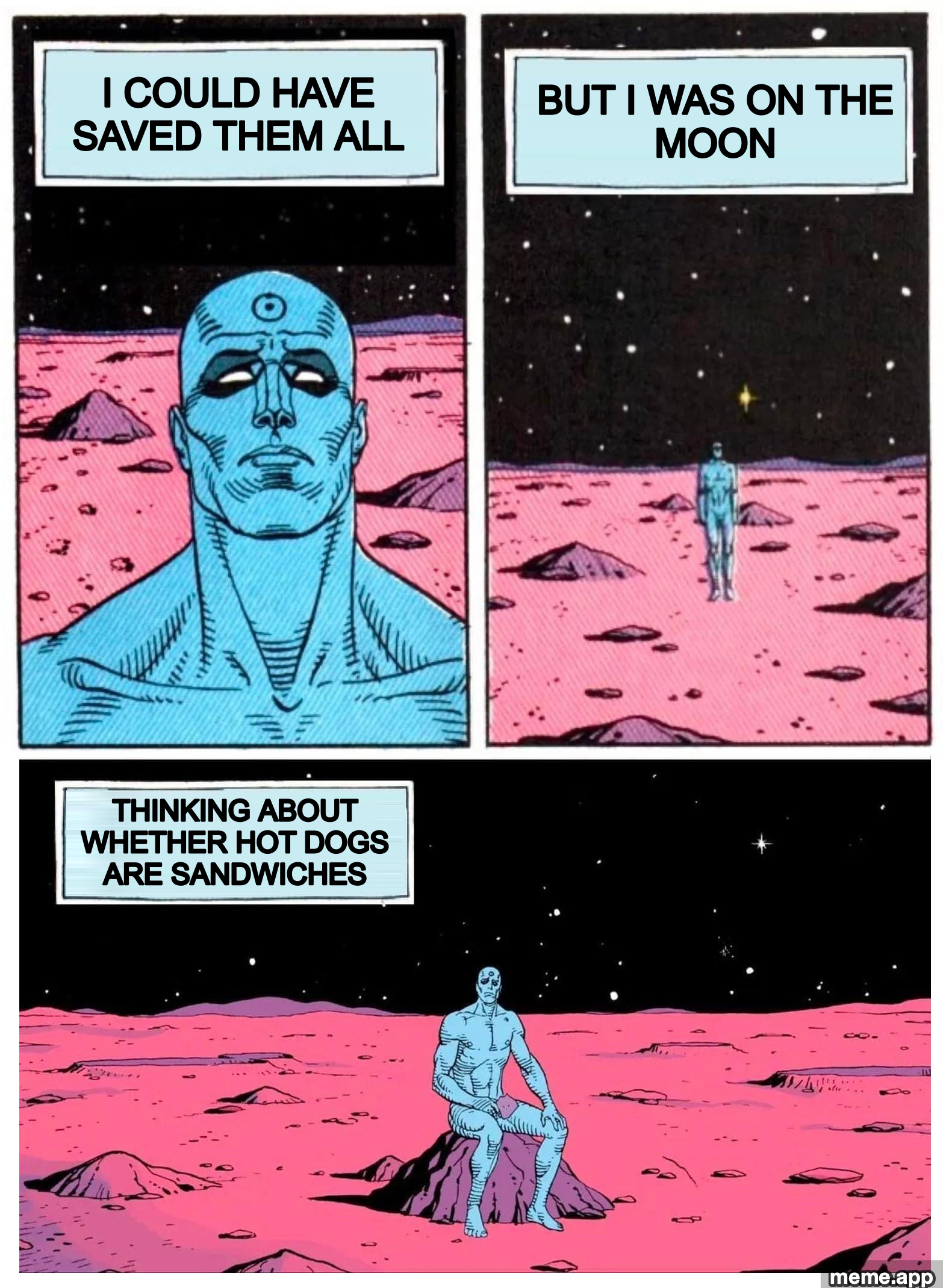Doctor Manhattan meme contemplating whether hot dogs are sandwiches while sitting on Mars