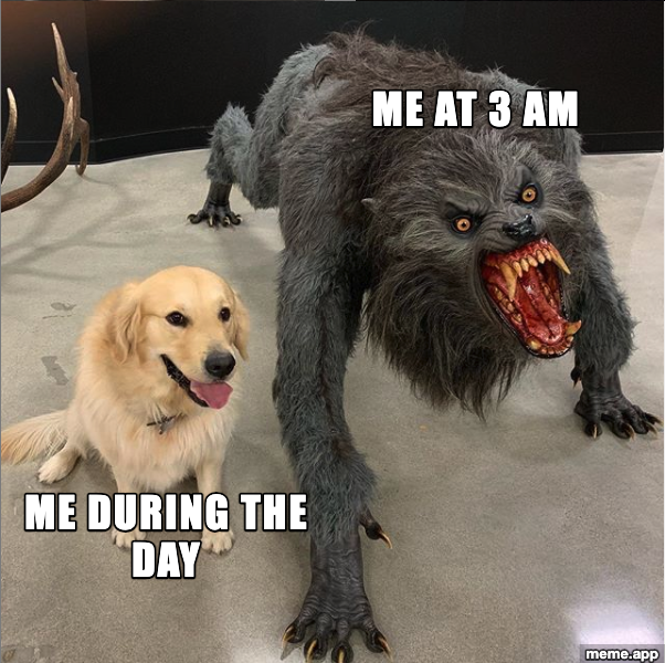Dog vs Werewolf meme: golden retriever labeled "Me during the day" next to werewolf labeled "Me at 3 AM"