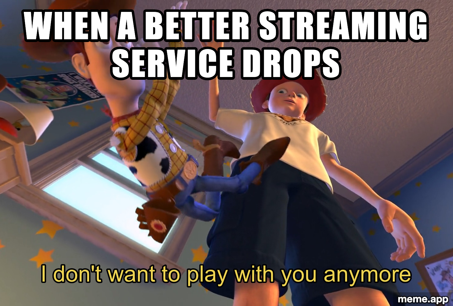 Toy Story captioned meme about abandoning a streaming service when a better one arrives