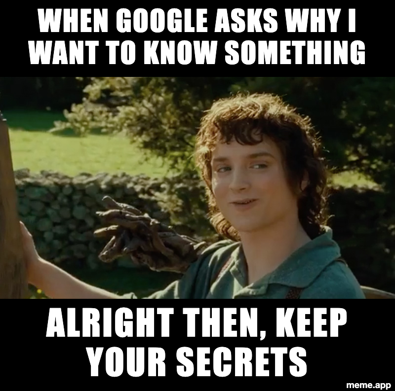 Frodo Keep Your Secrets meme about Google asking why you want to know something