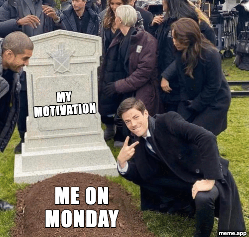 Grant Gustin posing cheerfully next to a gravestone labeled my motivation, captioned me on Monday