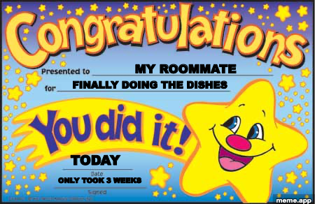 Happy Star Congratulations certificate meme for loading the dishwasher after three weeks