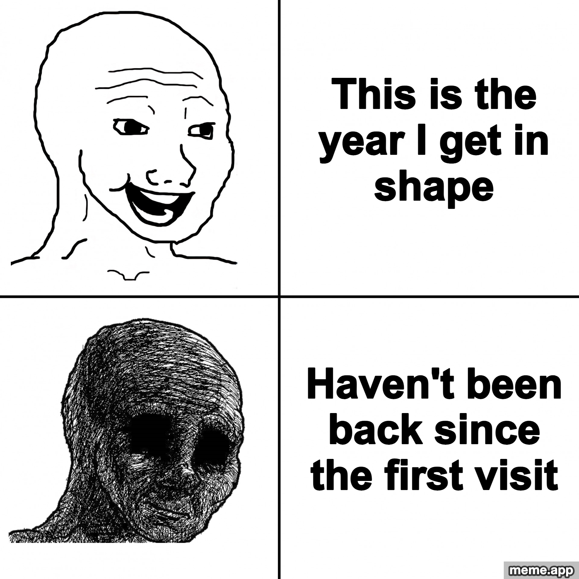 Happy Wojak vs Depressed Wojak 4-panel meme about buying a gym membership and never going back