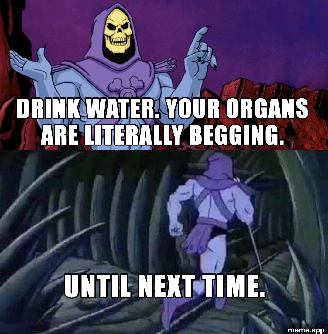 He-Man Skeletor advice meme telling you to drink water and then walking away