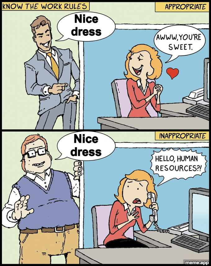 Hello Human Resources meme about "nice dress" being sweet from one person and HR-worthy from another