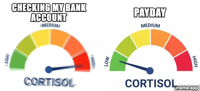 High vs Low Cortisol meme: left gauge labeled "Checking my bank account," right gauge labeled "Payday"
