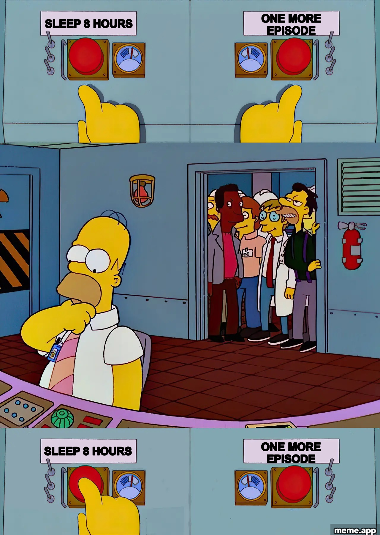Homer Simpson Two Buttons meme choosing between sleeping 8 hours and watching one more episode