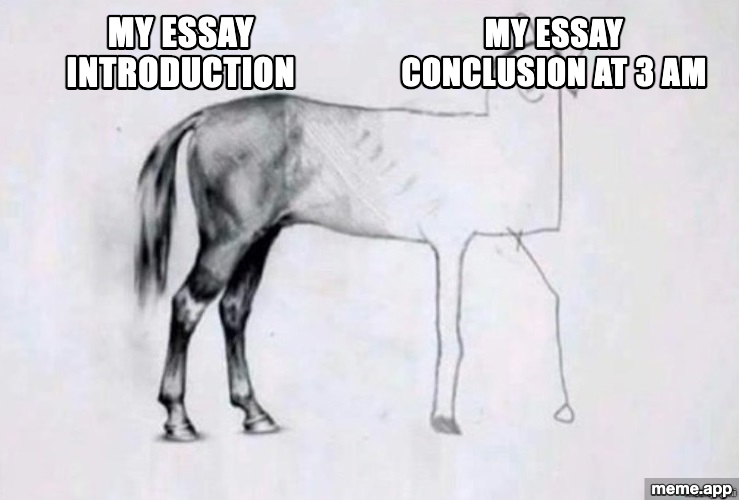 Horse Drawing meme: left half labeled "My essay introduction" and right half labeled "My essay conclusion at 3 AM"