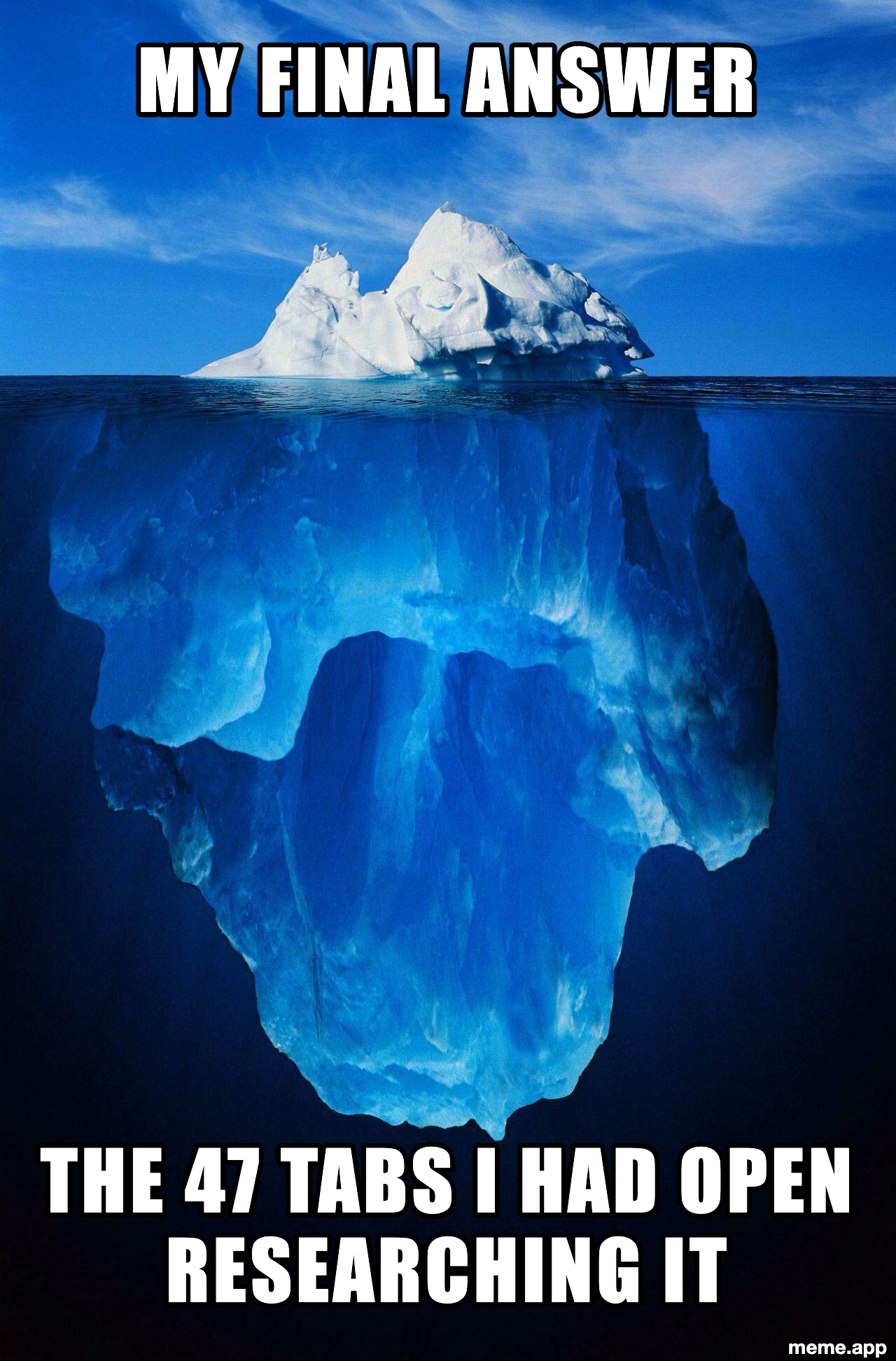 Iceberg meme about a final answer being the tip of 47 open research tabs