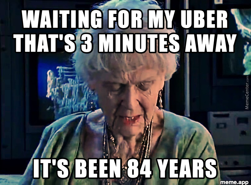Elderly Rose from Titanic looking downcast with a caption about waiting for an Uber that is 3 minutes away