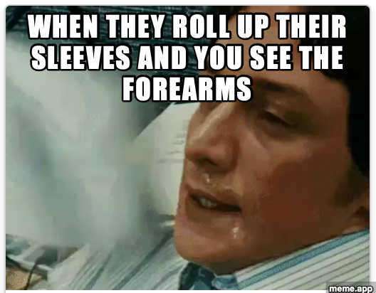 James McAvoy fanning himself meme about being attracted to forearms