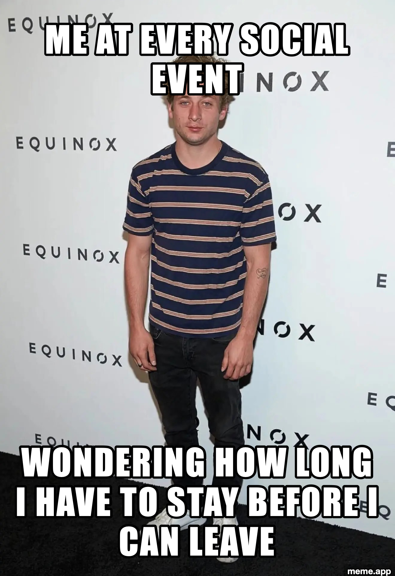 Jeremy Allen White Awkward meme about wondering how long before you can leave a social event