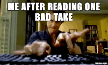 Animated Jim Carrey typing furiously GIF about rage-responding to a bad take