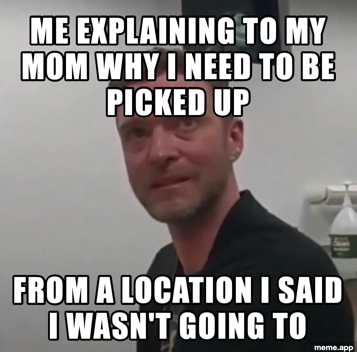 Justin Timberlake DUI Interrogation meme about explaining to mom why you need a pickup from a place you said you weren't going to