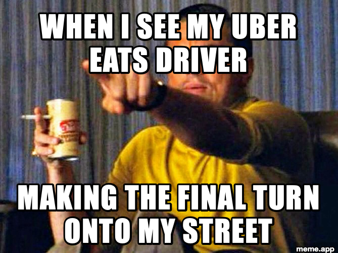 Leonardo DiCaprio pointing meme about spotting your Uber Eats driver arriving