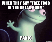 Lizard Button GIF meme frantically pressing the button for free food in the break room