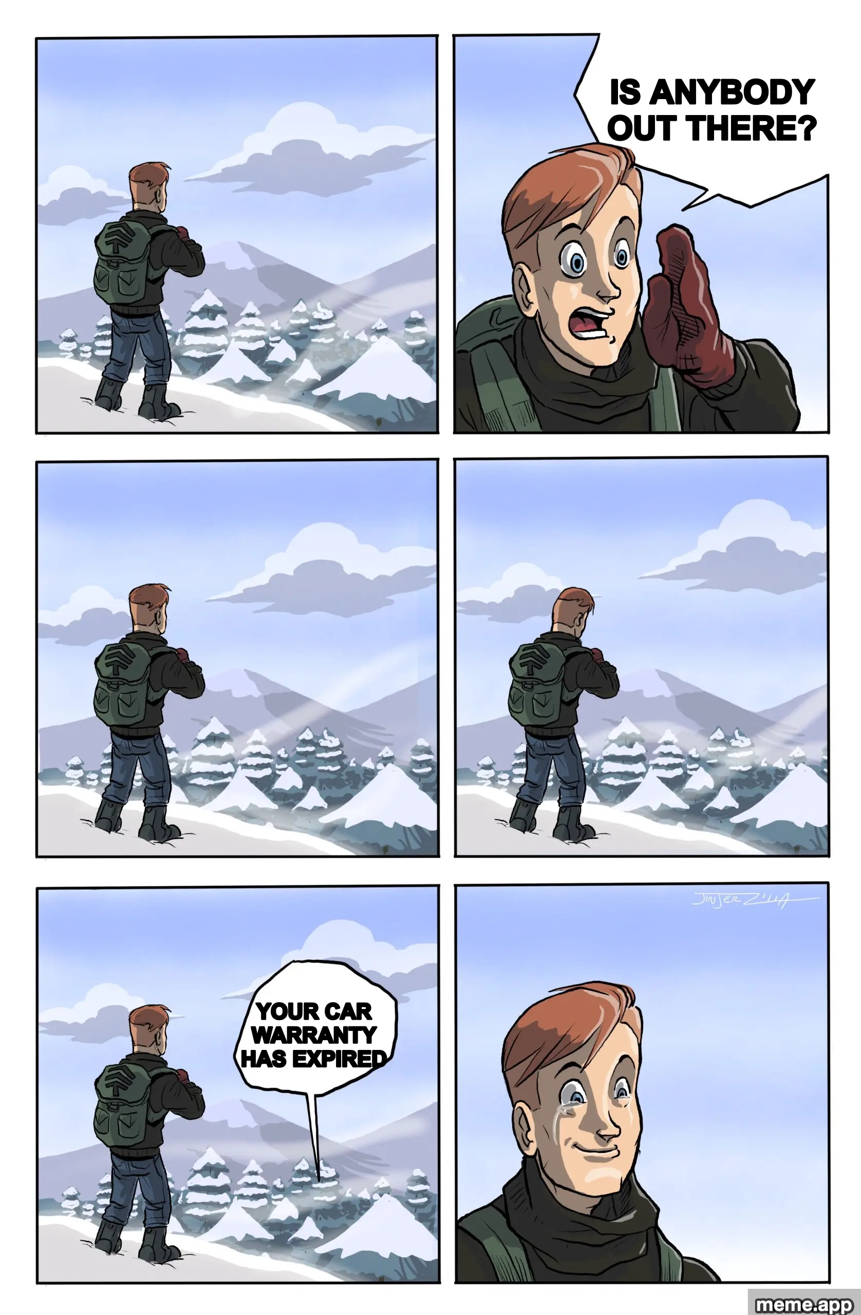Man Yelling At Mountain meme where the mountain responds that your car warranty has expired