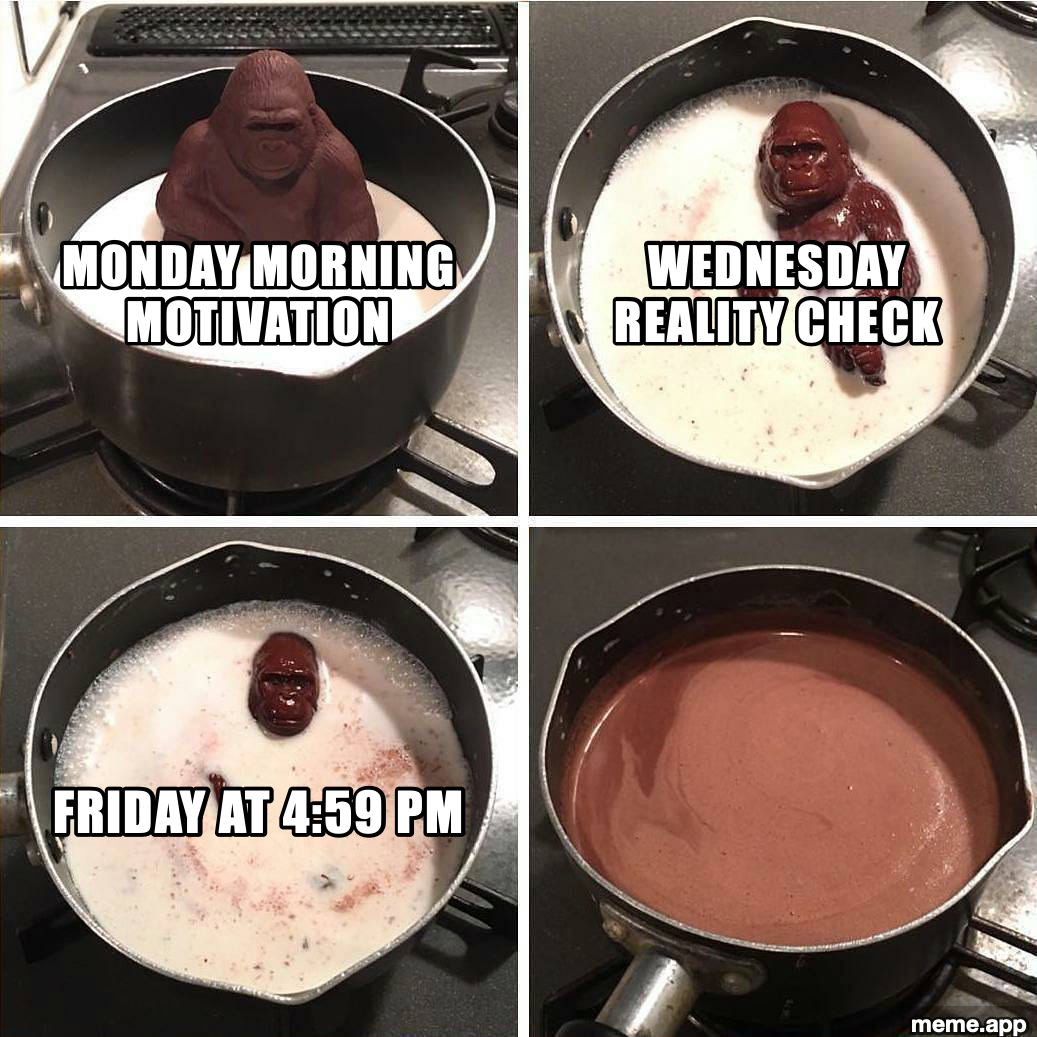 Melting Gorilla meme showing stages of weekly motivation dissolving from Monday to Friday