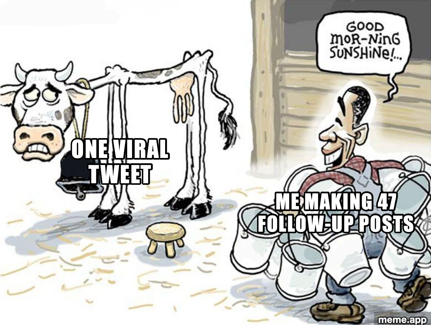Milking the Cow meme: the cow is labeled one viral tweet, the farmer is labeled me making 47 follow-up posts