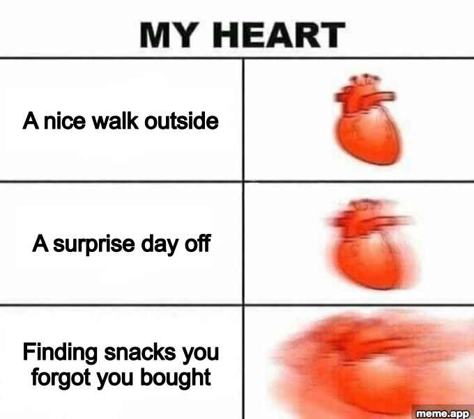 My Heart three-row meme escalating from a nice walk to finding forgotten snacks