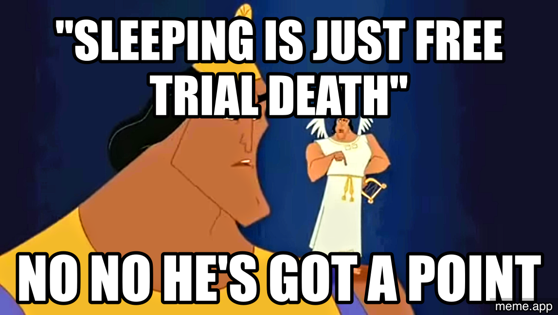 No No He's Got a Point blank meme about sleeping being free trial death