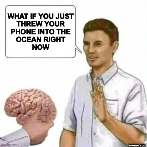 No Thanks Brain meme with the brain suggesting throwing your phone into the ocean