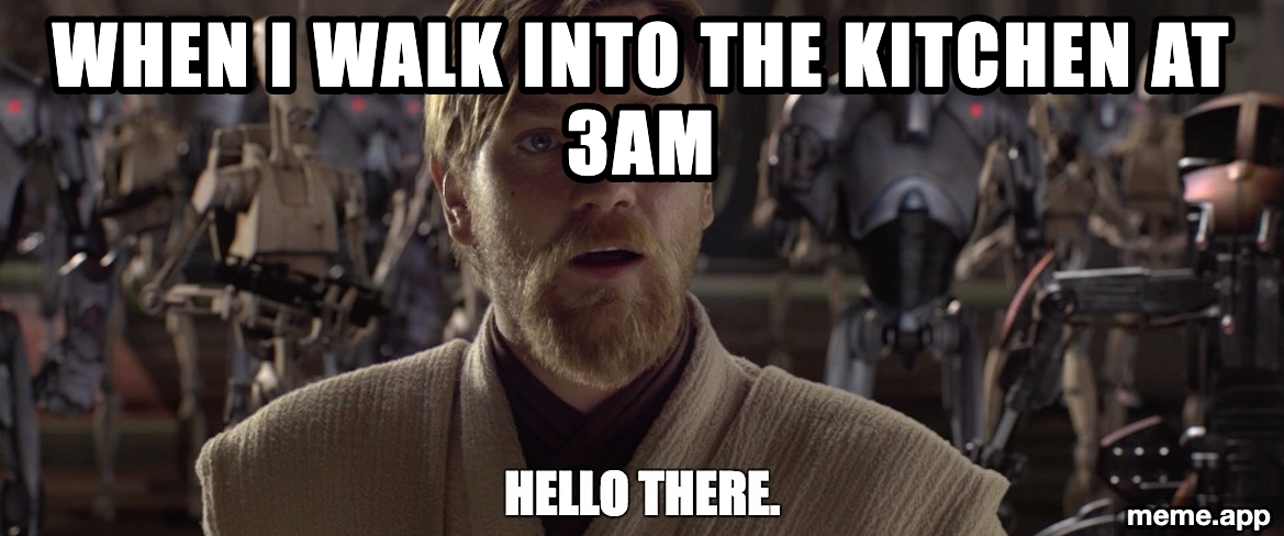 Obi Wan Hello There meme about walking into the kitchen at 3am