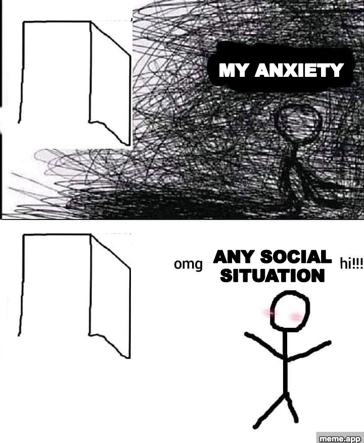 OMG Hi stick figure meme showing anxiety rushing toward any social situation