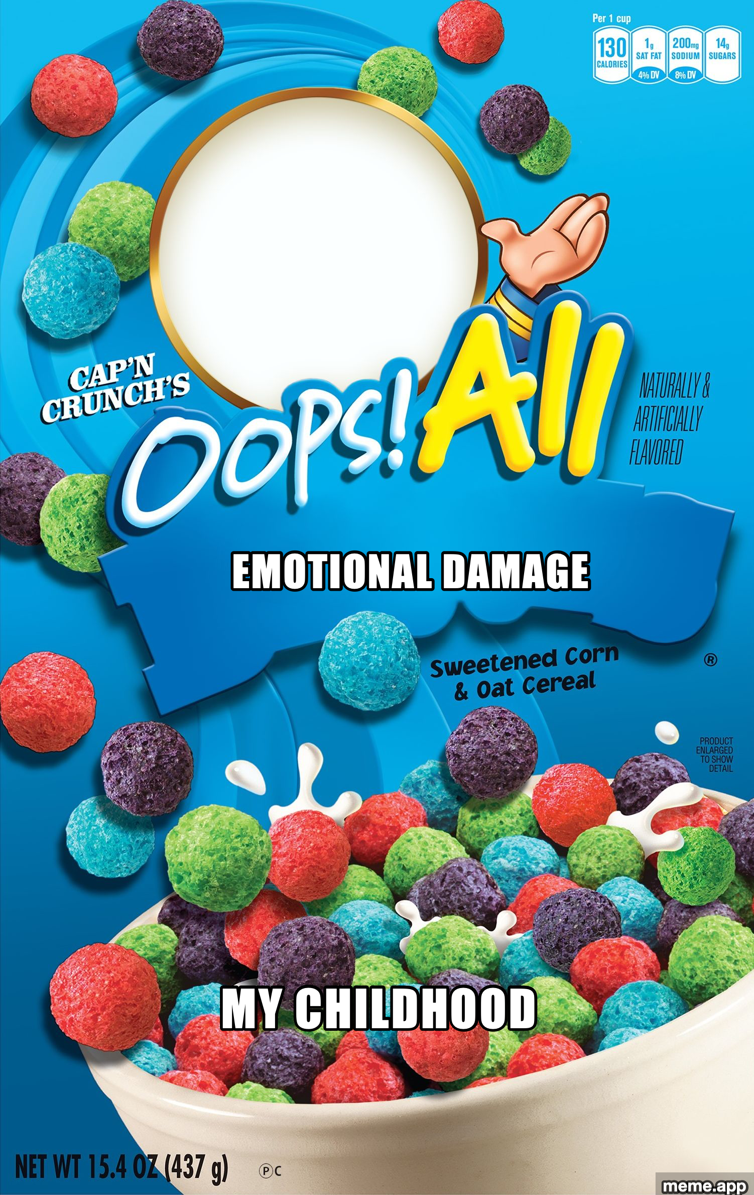 Cap'n Crunch Oops All Berries meme saying "Oops! All Emotional Damage" over a cereal box