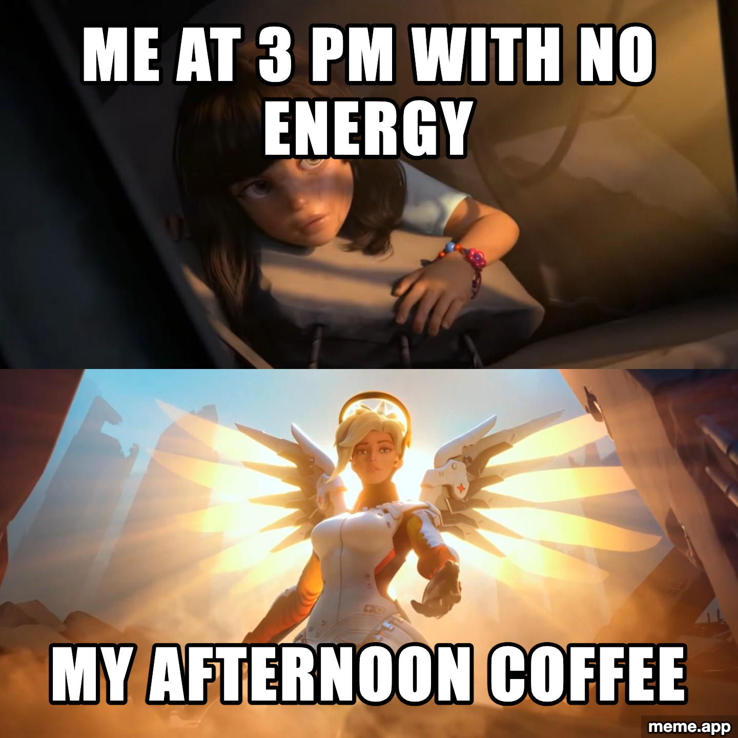 Overwatch Mercy meme about afternoon coffee saving you from the 3 PM energy crash