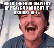 Animated Pedro Pascal Crying Then Smiling GIF meme about food delivery arriving much faster than expected