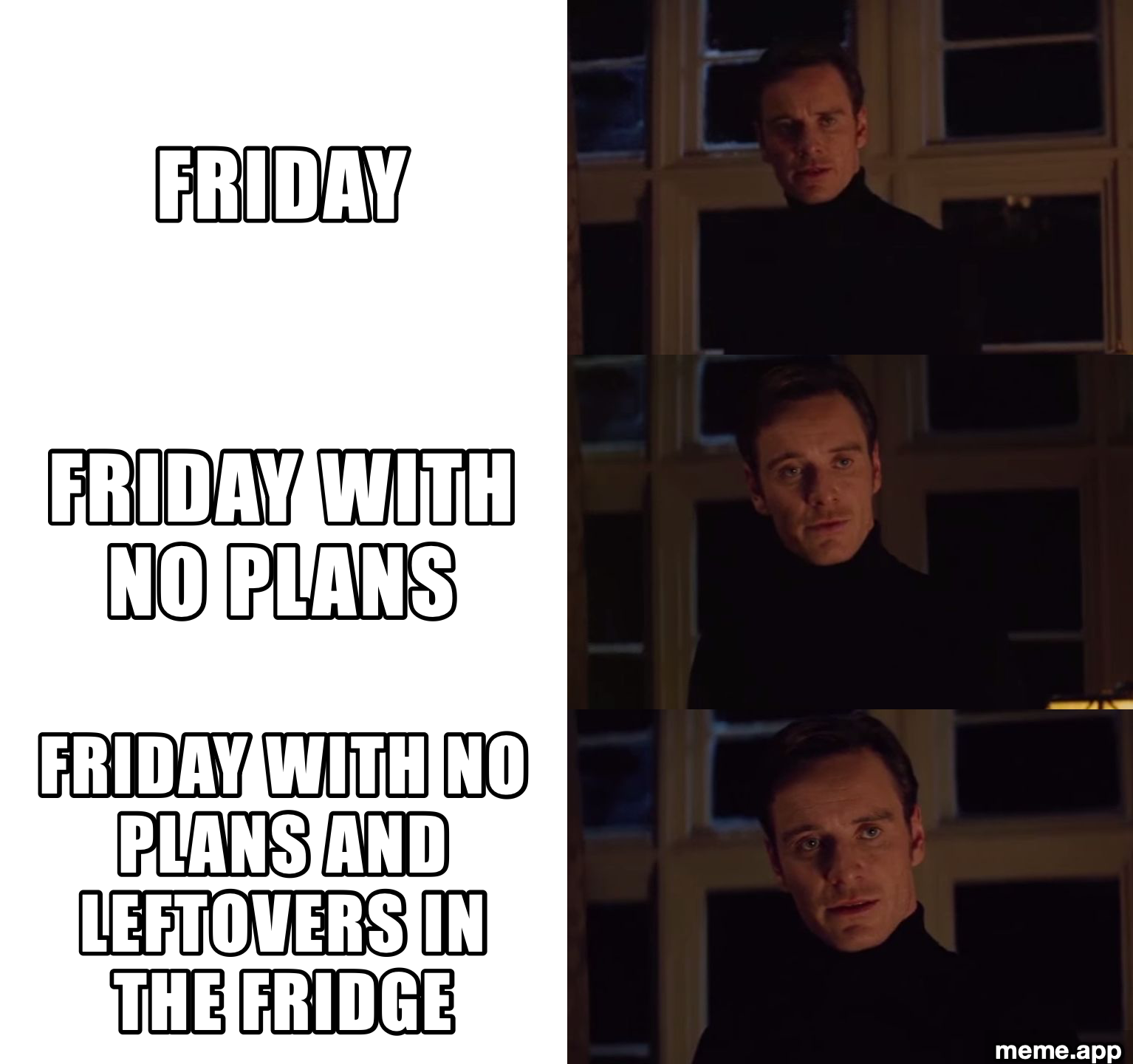 Perfection 3-Panel meme escalating from Friday to Friday with no plans and leftovers
