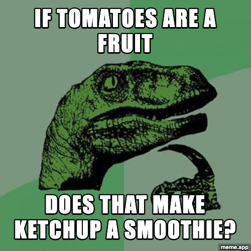 Philosoraptor meme asking if tomatoes are a fruit does that make ketchup a smoothie