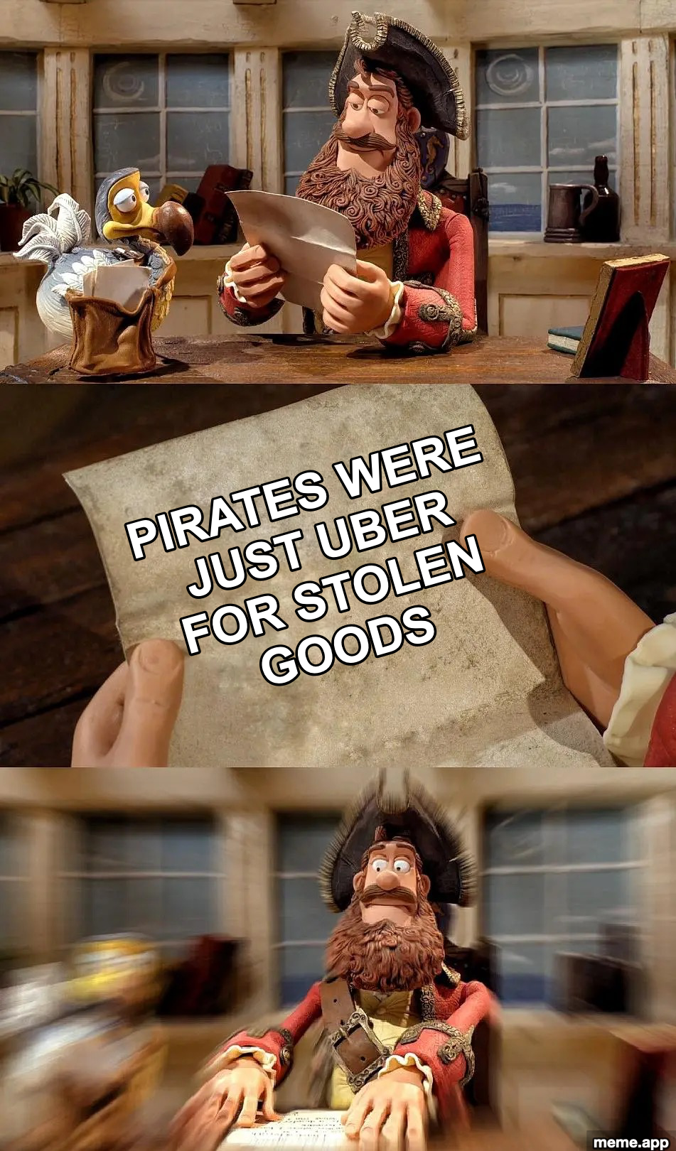 Pirate Captain Mind Blown meme reading that pirates were just Uber for stolen goods