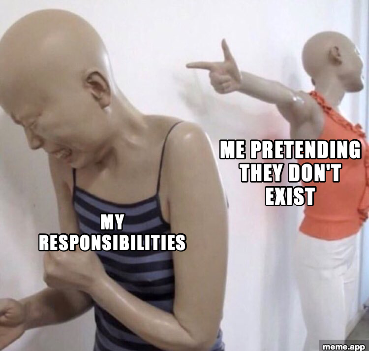 Pointing mannequin meme about avoiding responsibilities