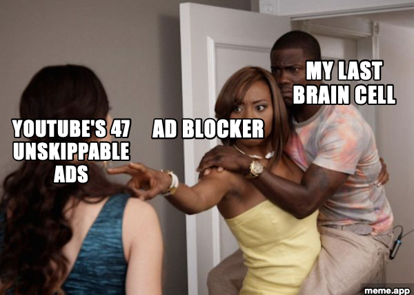Protected Kevin Hart meme with ad blocker shielding my last brain cell from YouTube ads