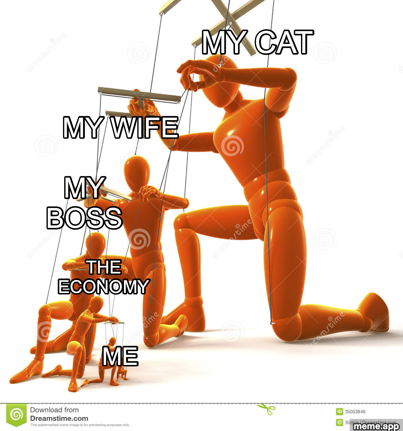 Puppet Hierarchy meme showing the cat controls the wife controls the boss controls the economy controls me
