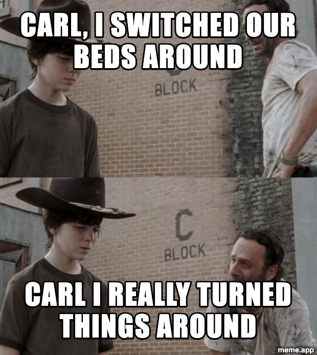 Rick and Carl Walking Dead meme about switching beds around as a dad joke pun