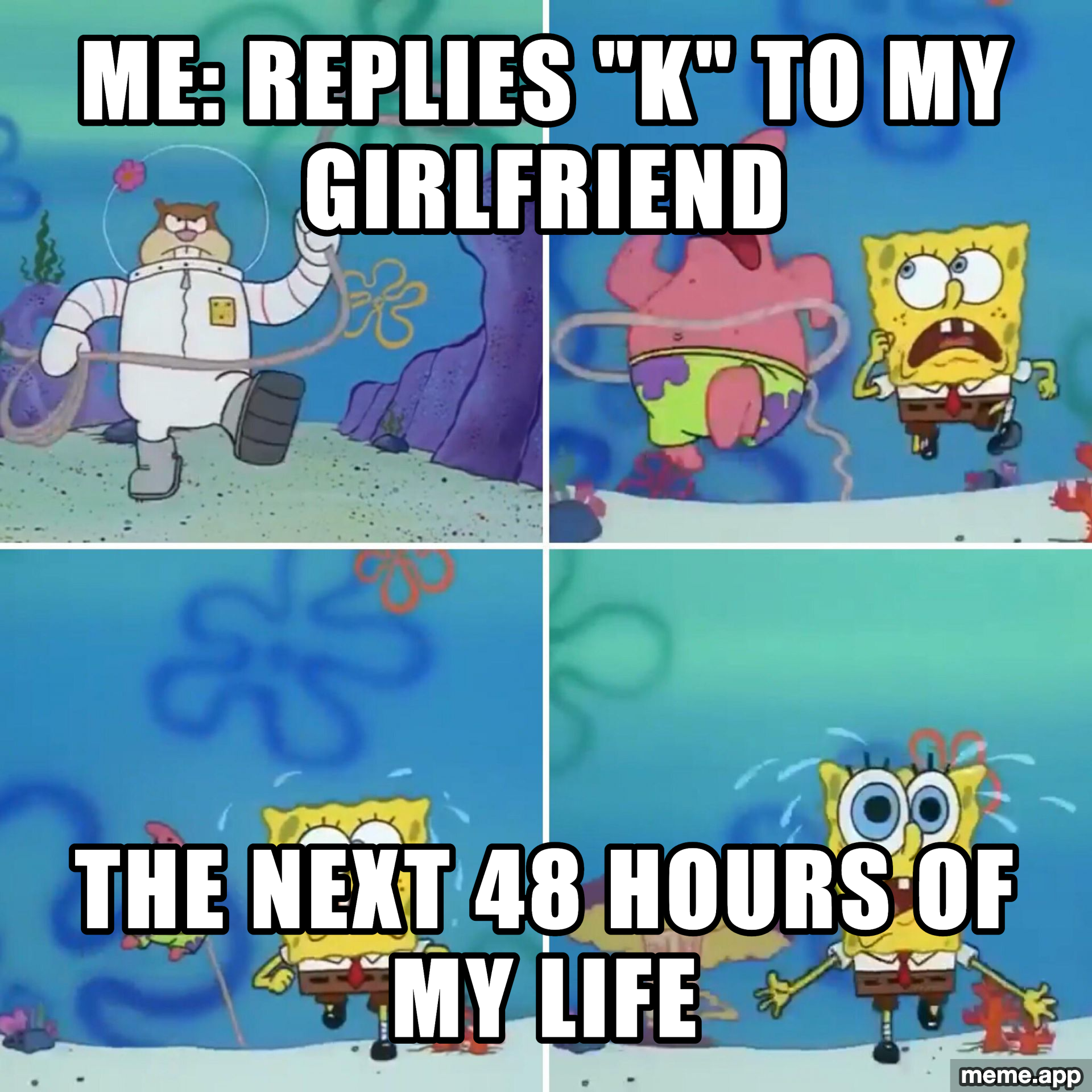 Sandy Cheeks Lasso meme about replying "k" to a girlfriend and the consequences that follow