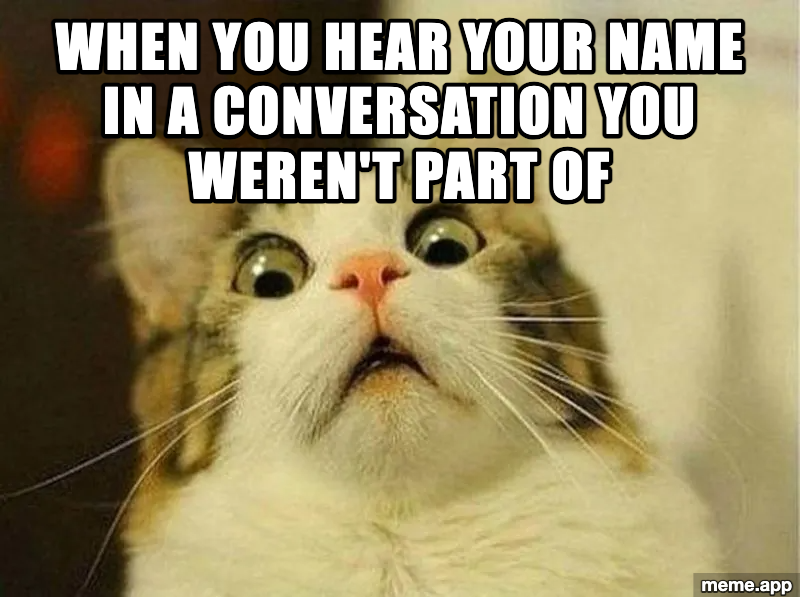 Scared Cat meme about hearing your name mentioned in a conversation you were not part of