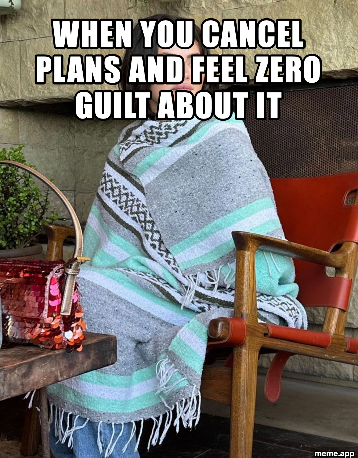 Selena Gomez wrapped in blanket meme about cancelling plans with zero guilt