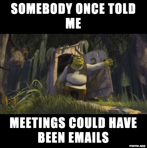 Shrek opening his outhouse door meme about meetings that could have been emails